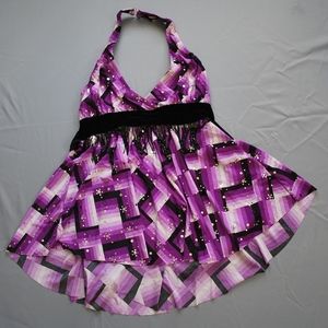 Algy Purple Sequin Dance Costume Halter High-Low Top Black Beaded Fringe Small